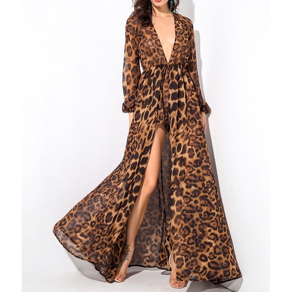 MBM Unlimited Dresses & Skirts - Leopard Print Plunge Chiffon Maxi Jumpsuit Dress